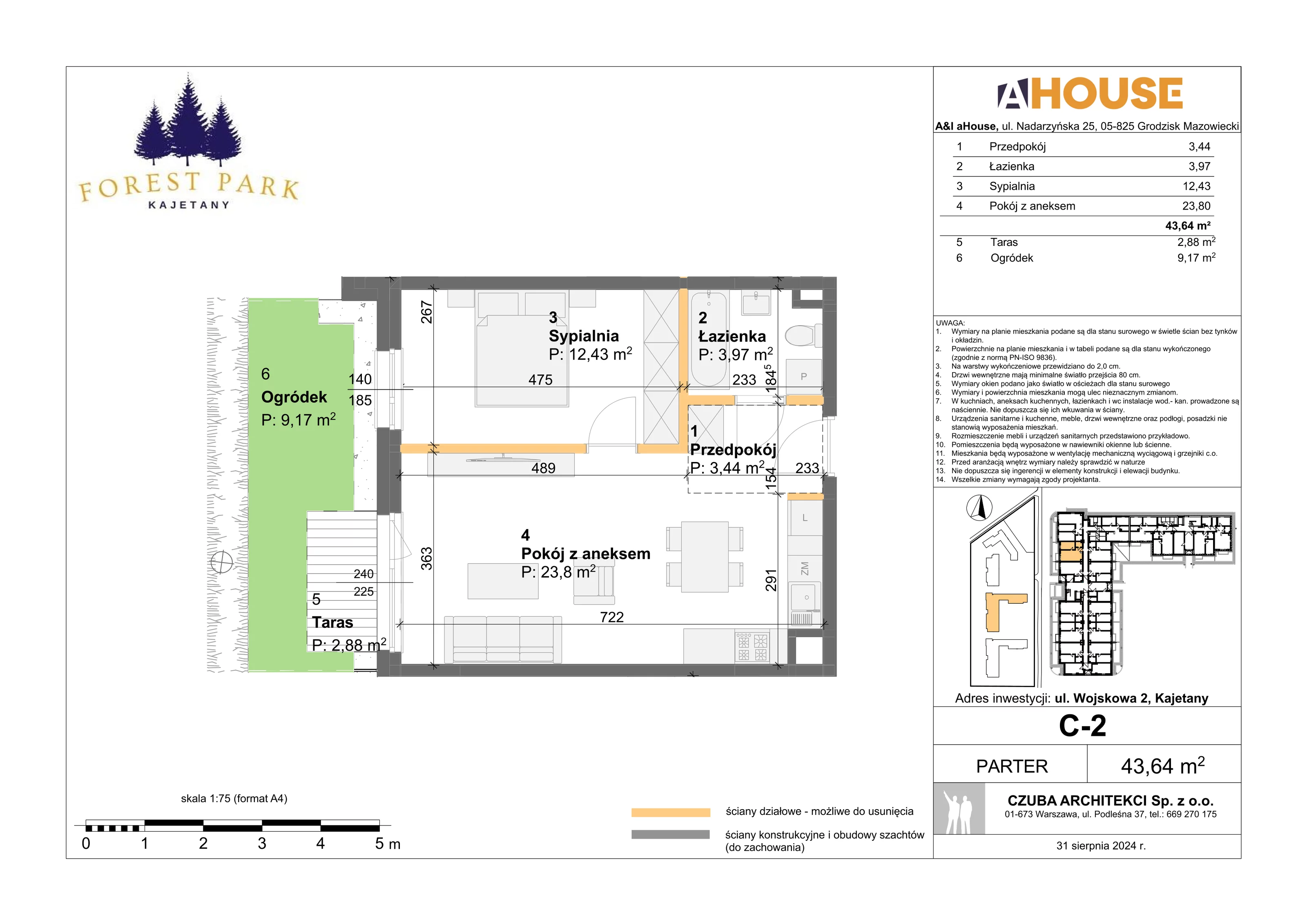 2 pokoje, mieszkanie 43,64 m², parter, oferta nr C-2, Forest Park Kajetany, Kajetany, ul. Wojskowa 2